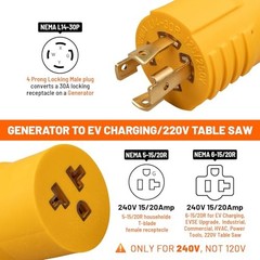 30 Amp to 20 Amp 240V Generator Distribution Adapter NEMA L14-30P to 5-15/20R