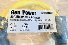 Generator Y-Adapter Power Cord/Splitter YL520520S:20A,125V,pigtail,RV NEW