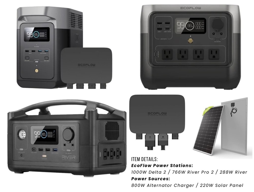 USED EcoFlow 2000W Power System Bundle w/ 800W Alternator Charger & 220W Solar