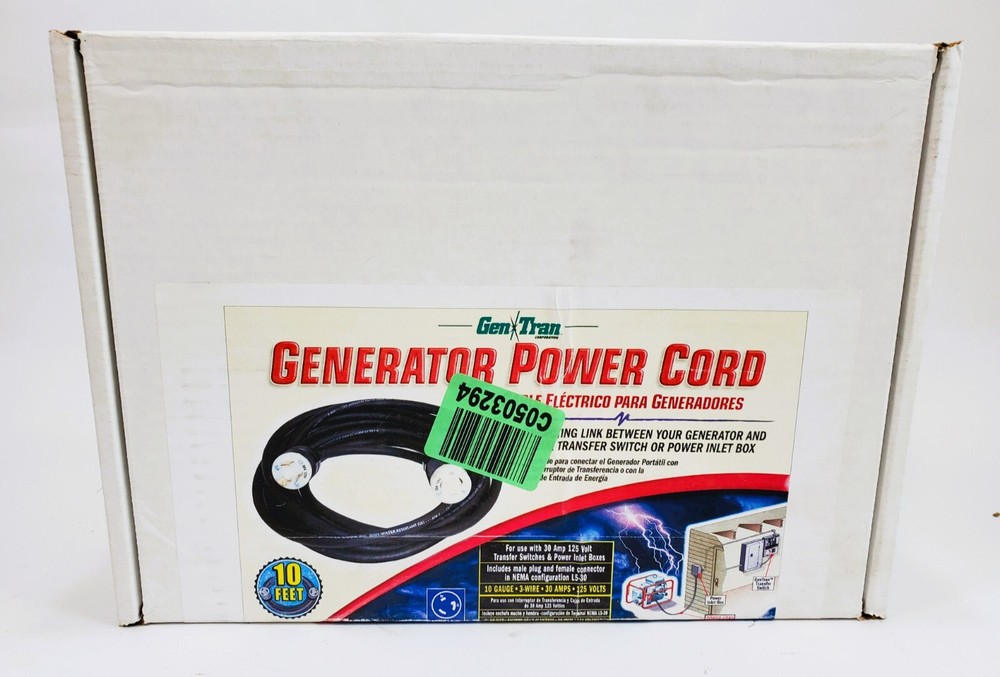 Gen-Tran 10 ft 10 Guage 30 Amp 125 V Power Cable For Portable Generators