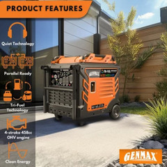 GENMAX 11000-W Portable TRI Fuel Gas Inverter Generator, Remote Start, CO Sensor
