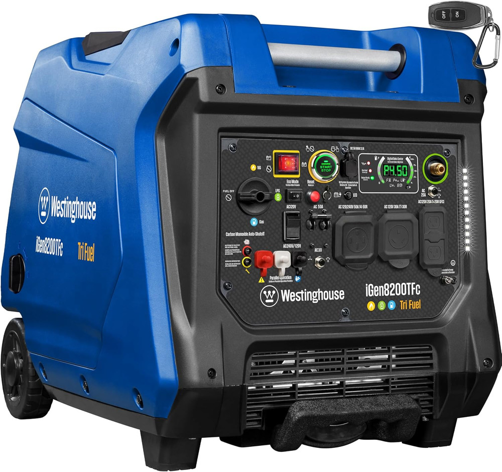 8200 Peak Watt Tri-Fuel Portable Inverter Generator, Remote Electric Start, Tran