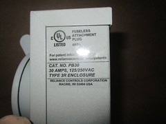 Reliance 30amp 125/250VAC Generator Fuseless Attachment Plug Type 3R Enclosure