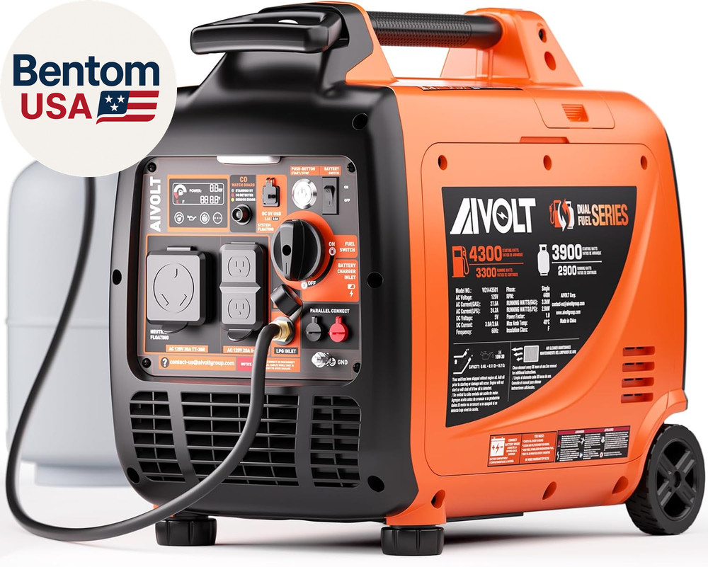 Dual Fuel Inverter Generator 4300W with Wheel Kit, Portable Generator 3-Way Remo