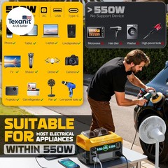 550W Power Station Compatible with Dewalt: Portable Generator DC 20V to AC 110-