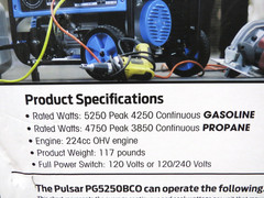 Pulsar PG5250BCO 5250W Dual Fuel Portable Generator 224cc Propane or Gas