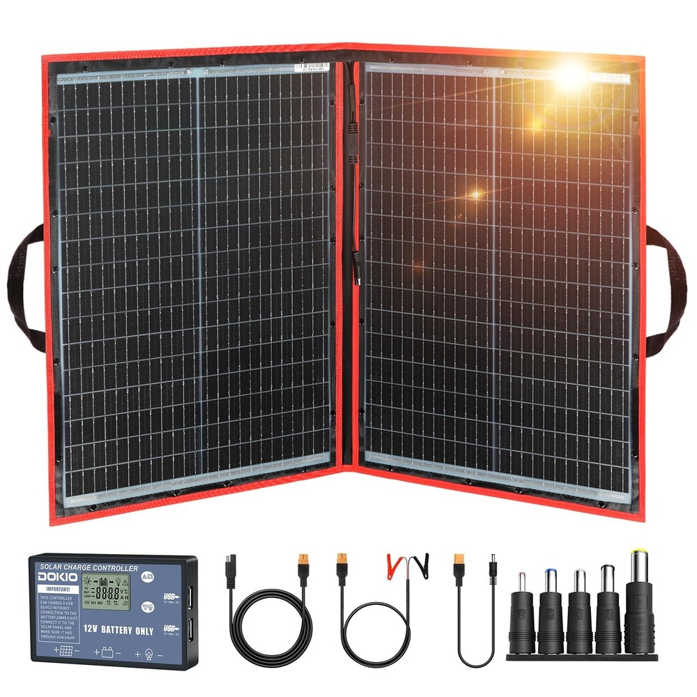 DOKIO 100W Portable Foldable Solar Panel Kit (19x26in, 5.3lb)