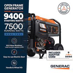 Generac GP 9400 Starting / 7500 Running Watt Gasoline/Liquid propane Dual fuel