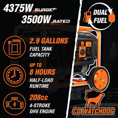 DF430X 4375-Watt Dual Fuel Portable Generator with Wheel Kit and CO Shutdown Sen