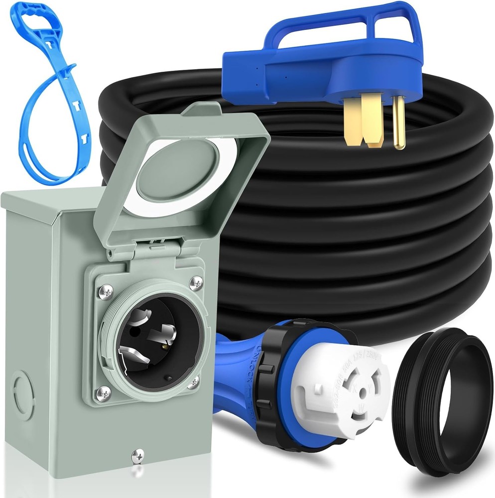 50A Generator Cord 15FT with Power Inlet Box NEMA 14-50P/SS2-50R Combo Kit Black