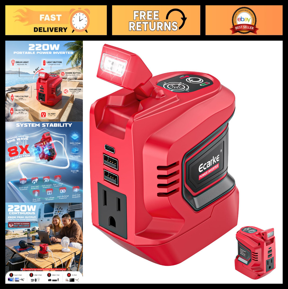 220W Portable Power Inverter for Milwaukee 18V Battery, AC 110V, USB & LED Light