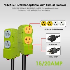 30 Amp to 20 110V Generator Distritution Cord with 1.5FT, Green and Black