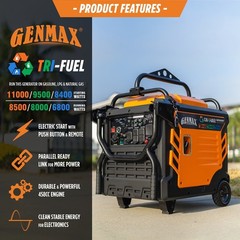 Genmax 11000-W Portable TRI Fuel Gas Inverter Generator Remote Start CO Sensor™