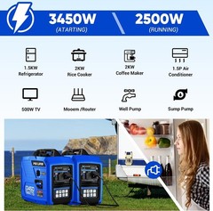 Portable Inverter Generator 3450W Gas-Powered 14H Run Quiet EPA Blue
