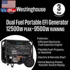 Westinghouse 12,500/9,500-Watt Dual Fuel Gas and Propane Powered EFI Portable US