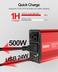 Power Inverter 12V to 110V for Vehicles with Dual Fast Charging 24W USB 500W