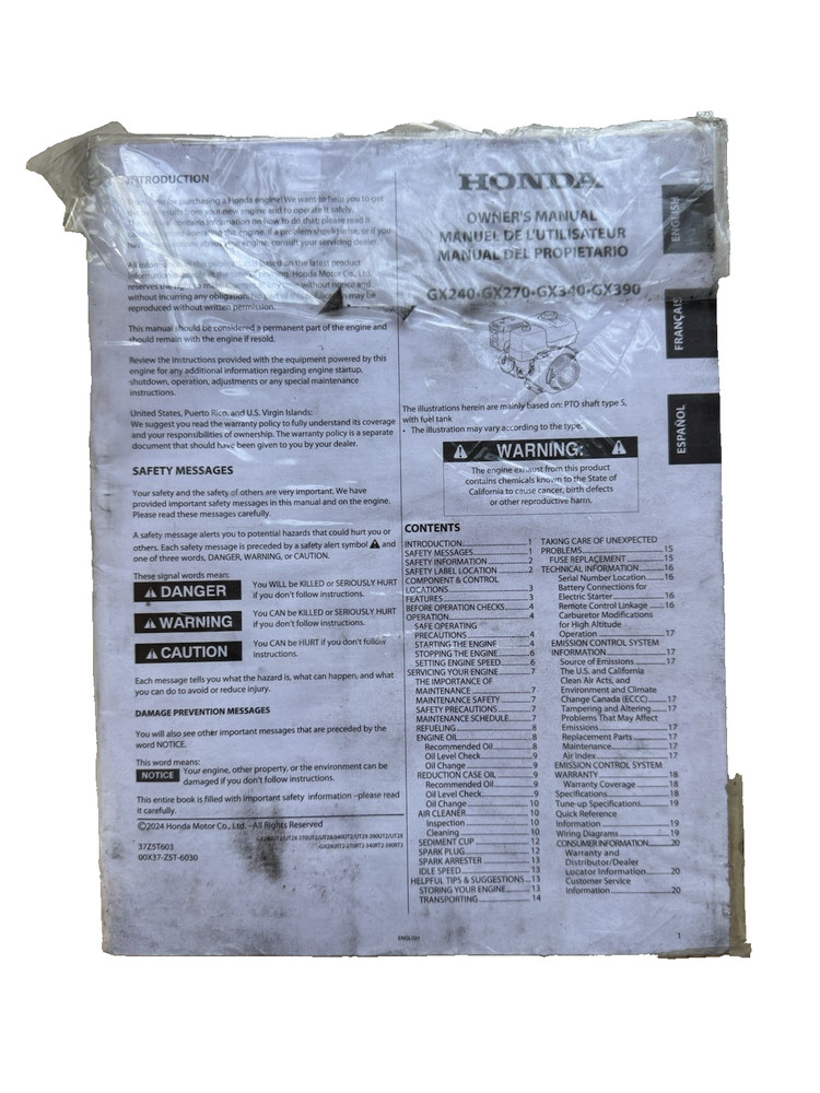 Honda GX240 GX270 GX340 GX390 Owners Manual