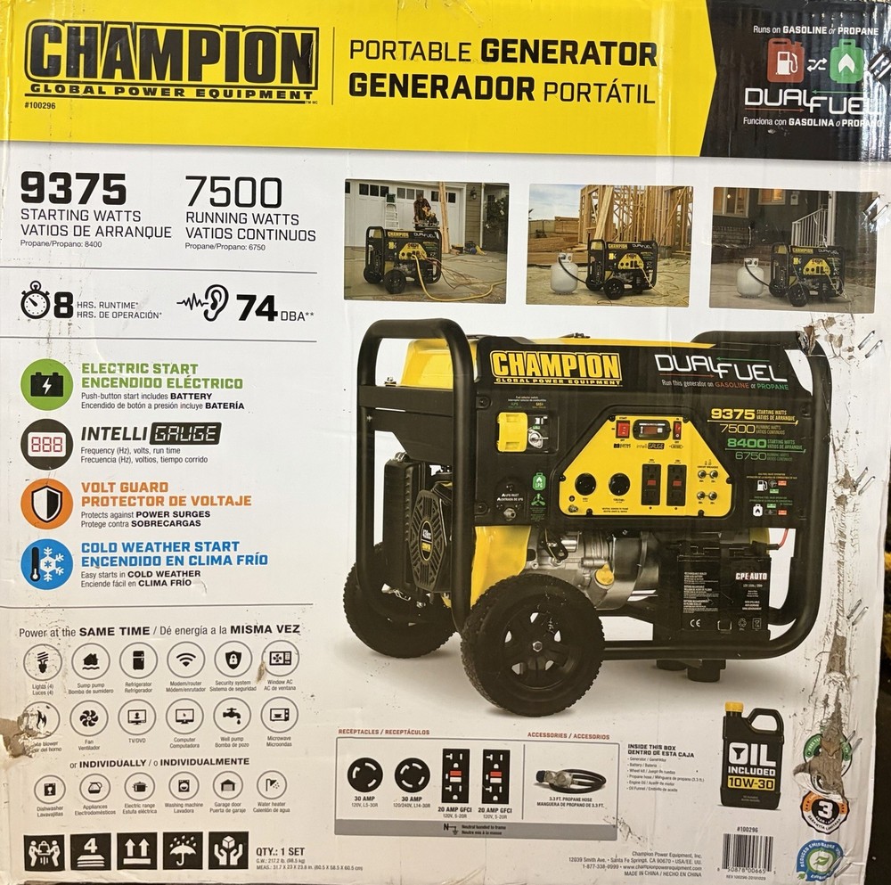 Champion 9375/7500W Dual Fuel Portable Generator Electric Start + 20ft 30A Cord