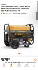FIRMAN P03613 3650W/4550W Portable Gas Generator – Wheel Kit – RV Ready