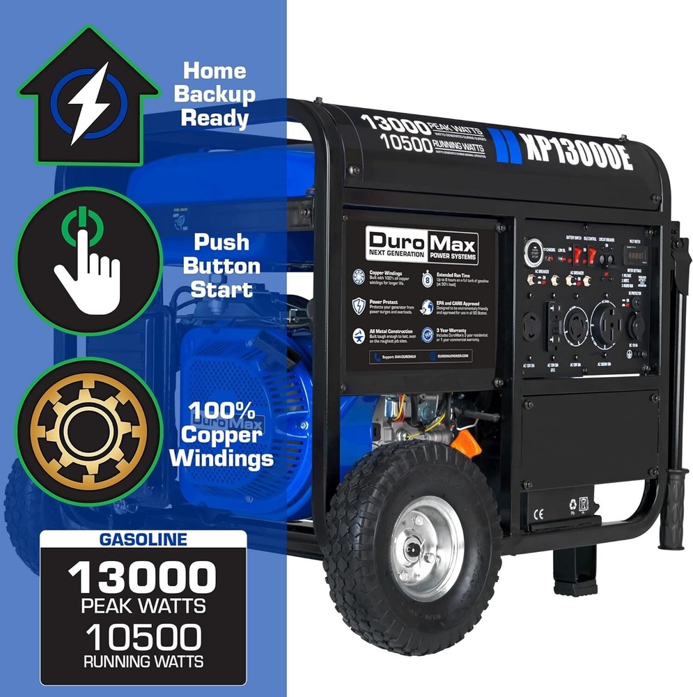 DuroMax XP13000E 13,000-W Portable RV Ready Gas Powered Electric Start Generator