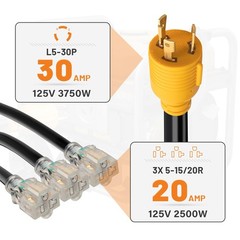 MECMO Shore Power NEMA L5-30P to 3X 5-15R/5-20R RV Generator Adapter Yellow