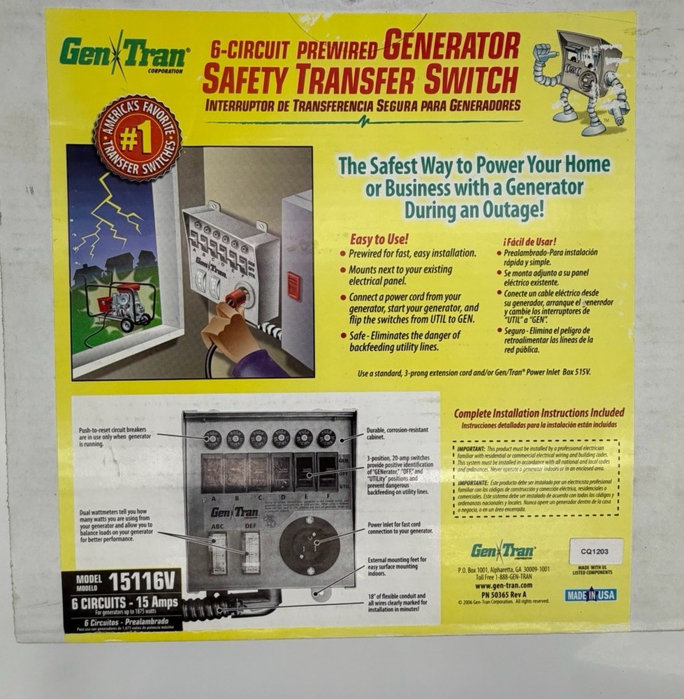 Gen Tran 6 Circuit Generator Transfer Switch 15116V 6 CIRCUITS – 15 Amps