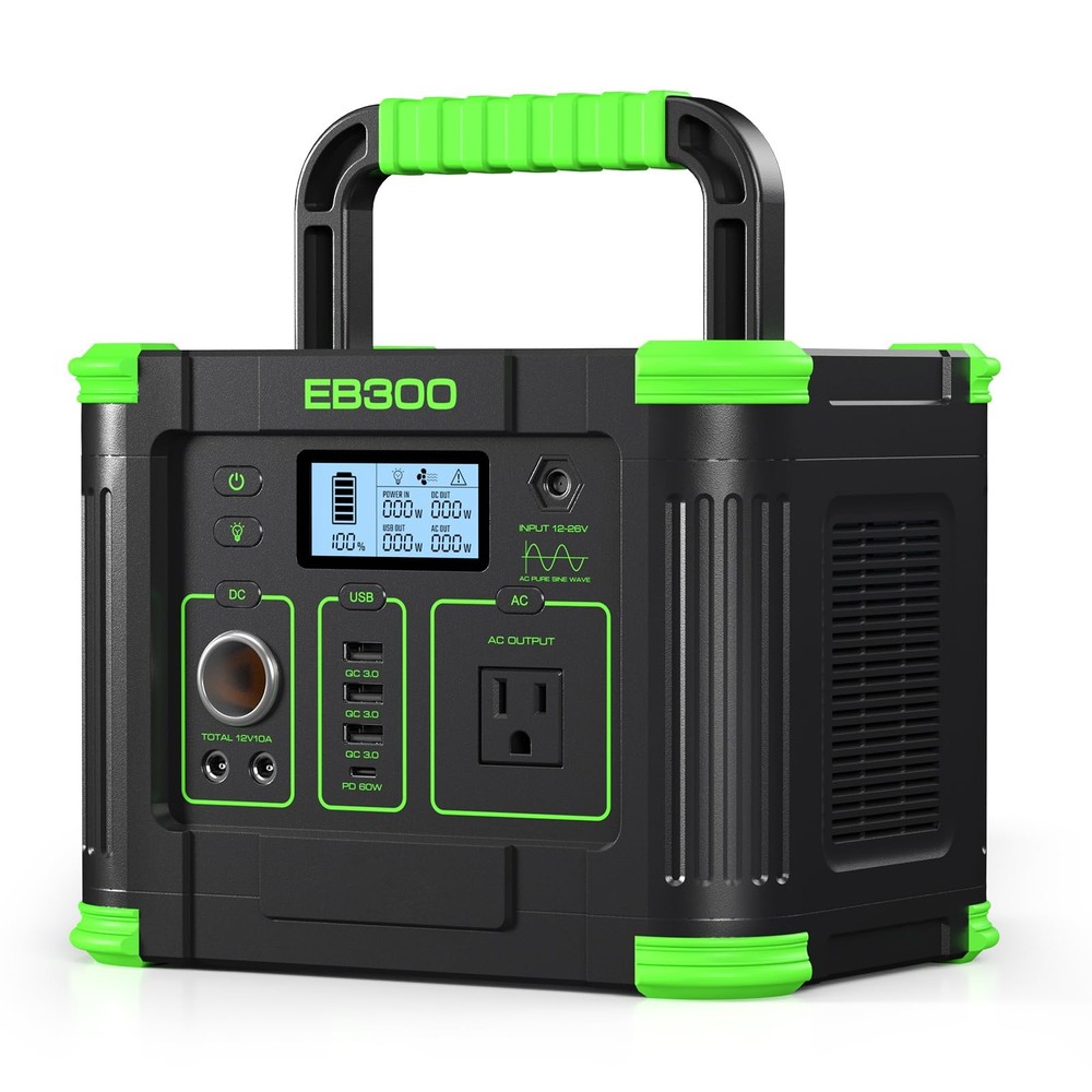 Portable Power Station 300W, 288Wh Lithium Battery, 60W Fast Green