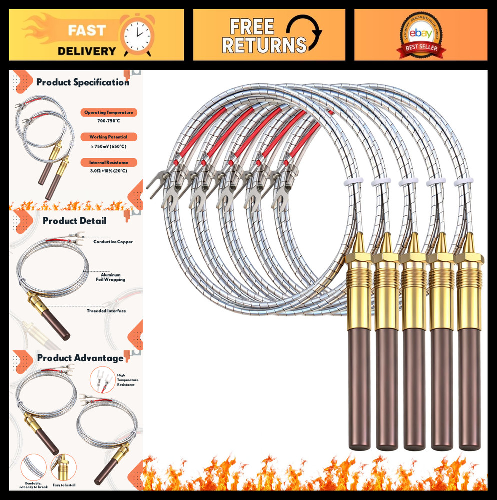 5 Pcs 36″ Thermopile Generators, 750mV Gas Fireplace & Heater Replacement Parts
