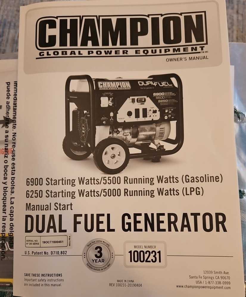 Champion 100231 Portable Generator Owner’s Manual & Operting Instructions OEM