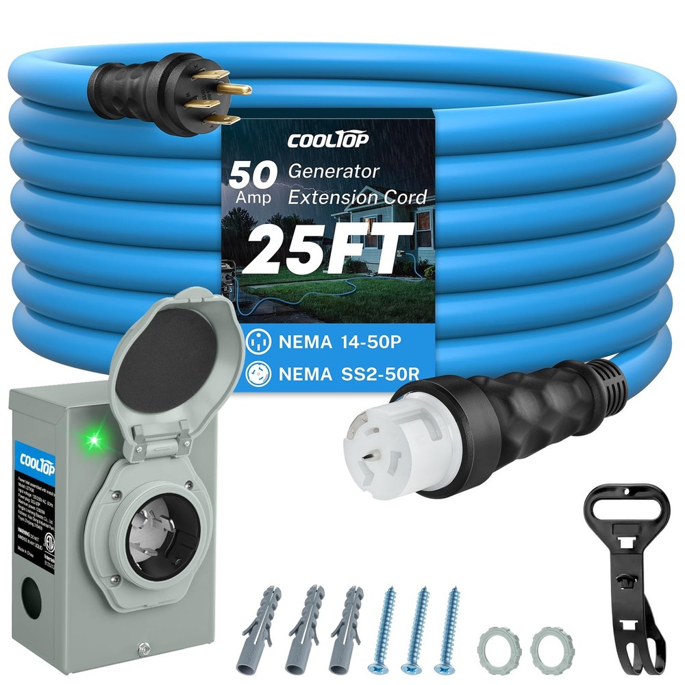 Cooltop 50 Amp Generator Cord And Power Inlet Kit 25Ft Extension Cable Stw
