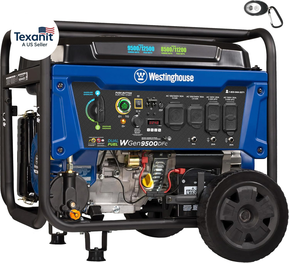 12500 Peak Watt Dual Fuel Home Backup Portable Generator, Remote Electric Start,