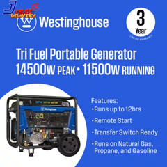 14,500 Watt Tri-Fuel Portable Generator w/Transfer Switch Remote Start CO Sensor