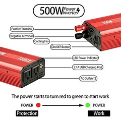 Power Inverter 12V to 110V for Vehicles with Dual Fast Charging 24W USB 500W