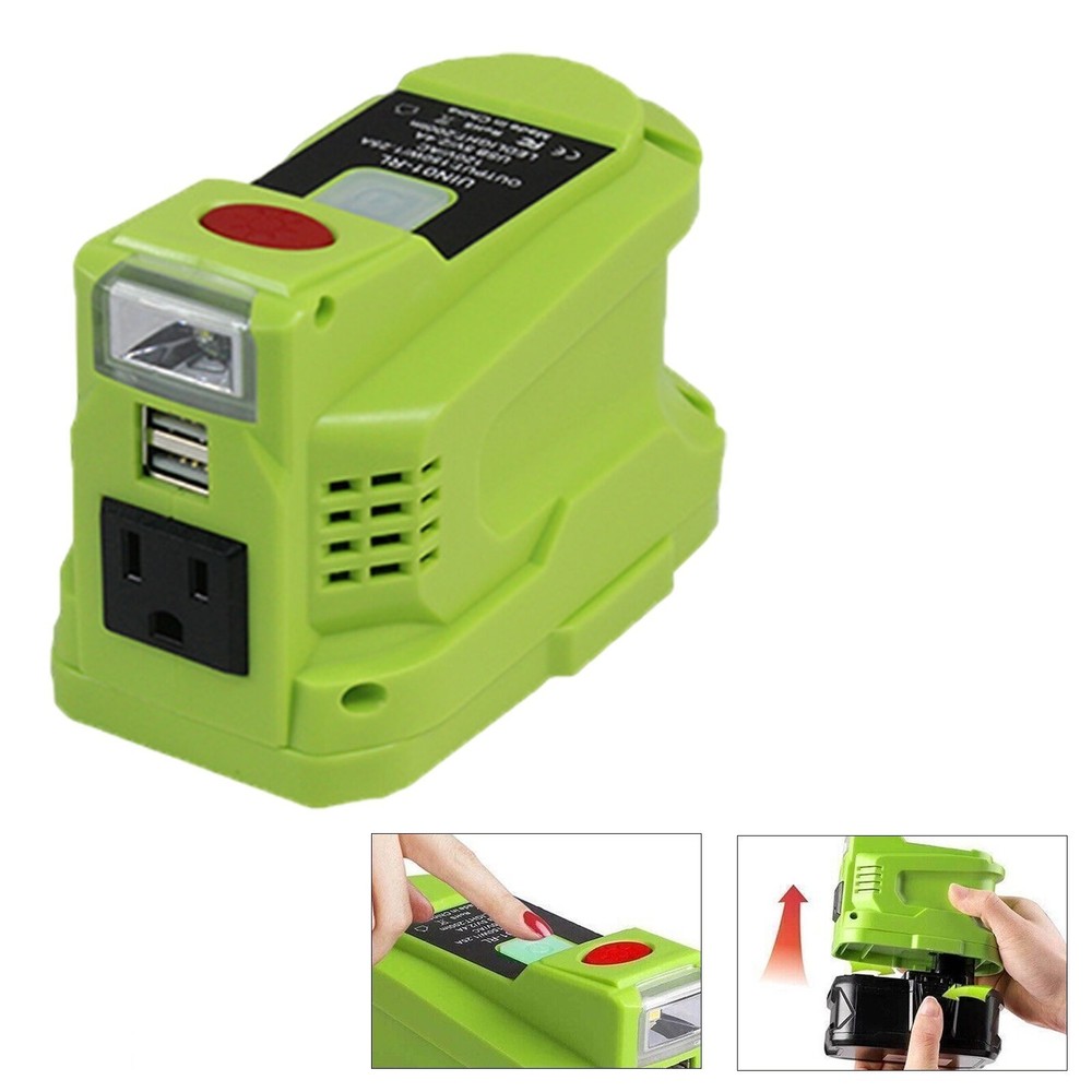 Dual USB 200LM LED 150W 120V/AC Power Supply Inverter fits Ryobi 18V Battery