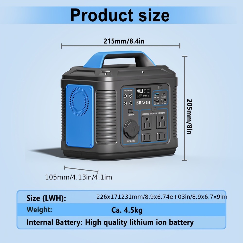 SBAOH 300W Portable Power Station 296 Wh Solar Generator with LED Lights