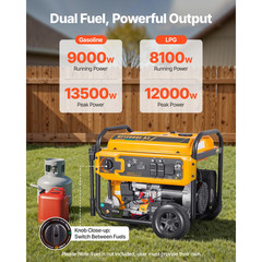 Portable Dual Fuel Generator, 13500W Gasoline & 12000W LPG Peak Power