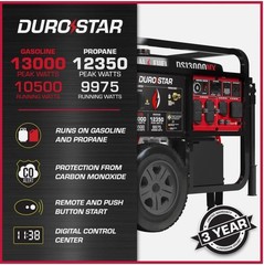 DuroStar DS13000MX 13,000W/10,500W Dual Fuel Portable Generator w/ CO Alert