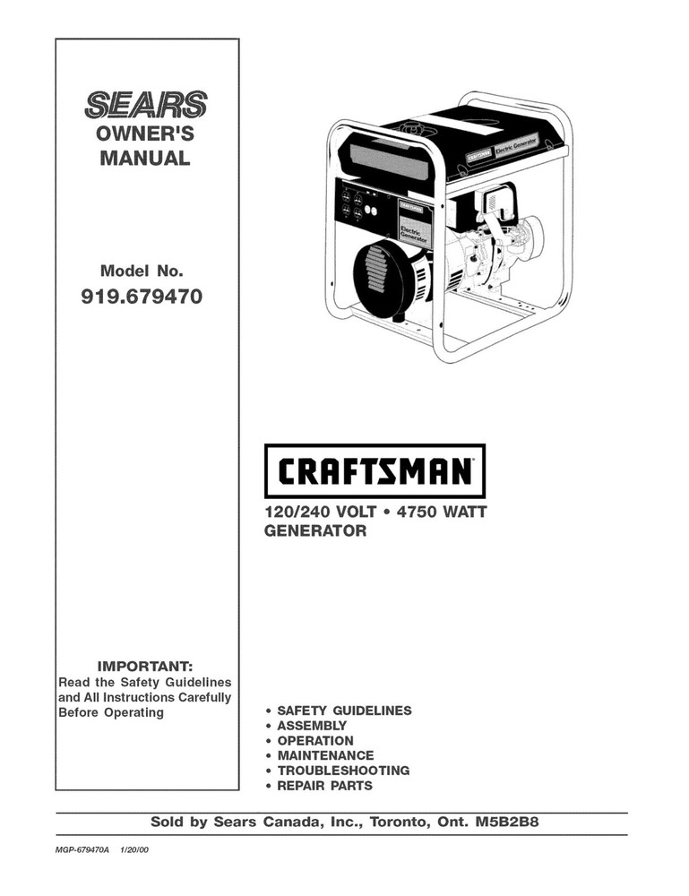 Owners Manual & Parts List Craftsman 4,750-Watt Portable Generator – 919.679470