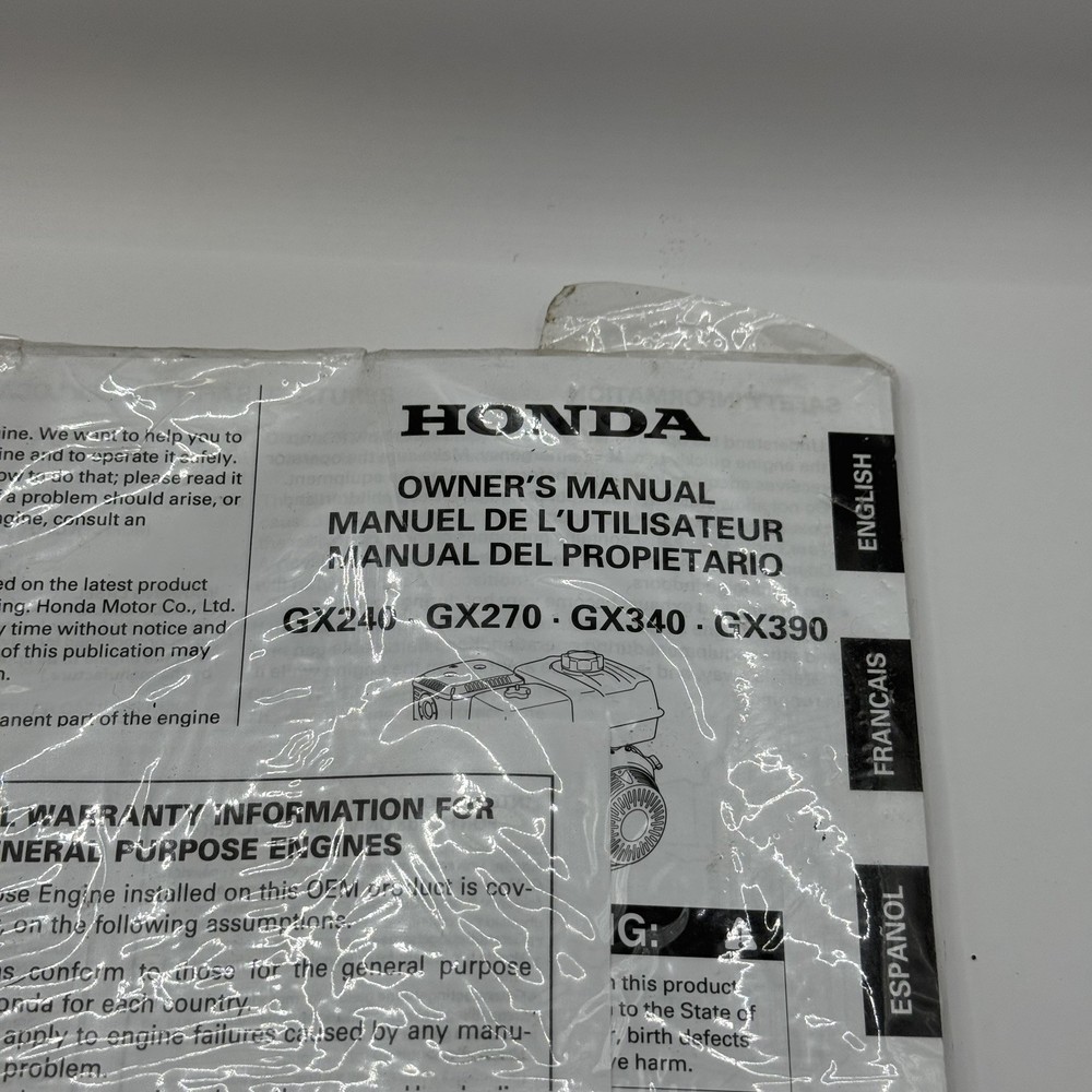 Honda GX240 GX270 GX340 GX390 Owners Manual New Unopened