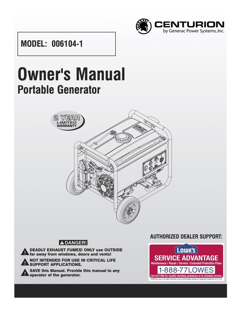 Owners Manual Instructions Generac Centurian Portable Generator – Model 006104-1