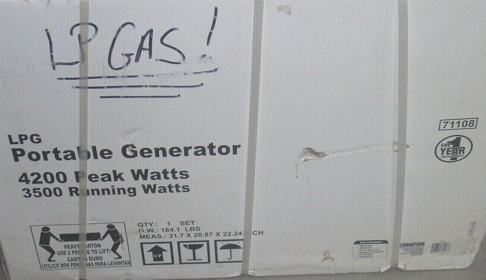 Champion 71108 Propane Portable Generator 4200/3500 Watts w Wheel Kit Regulator
