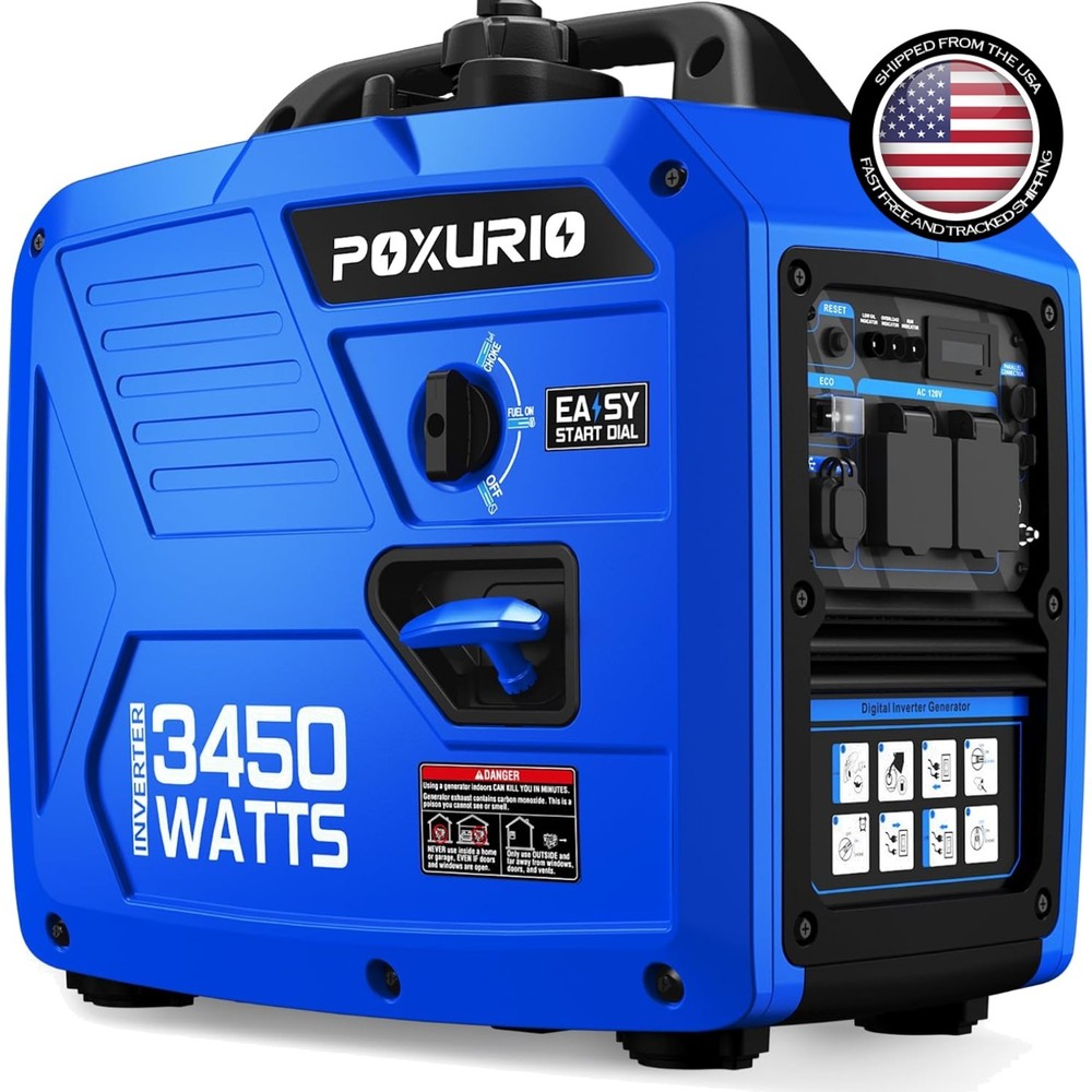 Portable Inverter Generator 3450W Gas-Powered 14H Run Quiet EPA Blue