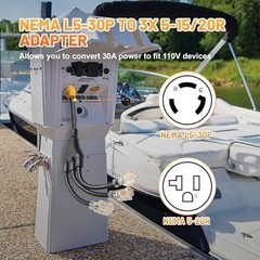 MECMO Shore Power NEMA L5-30P to 3X 5-15R/5-20R RV Generator Adapter Marine 30 A