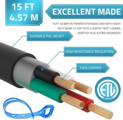 50A Generator Cord 15FT with Power Inlet Box NEMA 14-50P/SS2-50R Combo Kit Black