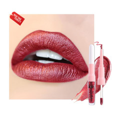 2In1 Dark Borwn Metallic Lipstick and Lip Liner, Shimmer Glitter Lip Gloss Long