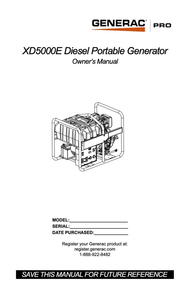 Owners Manual & Instructions Generac Diesel Portable Generator – Model XD5000E