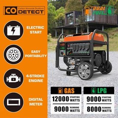 GENMAX 12,000-W Portable RV Ready Dual Fuel Generator, Electric Start, CO Sensor