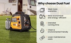 Dual Fuel. LP Propane or Gas. 3500 watts. RV Camp Generator Quiet.