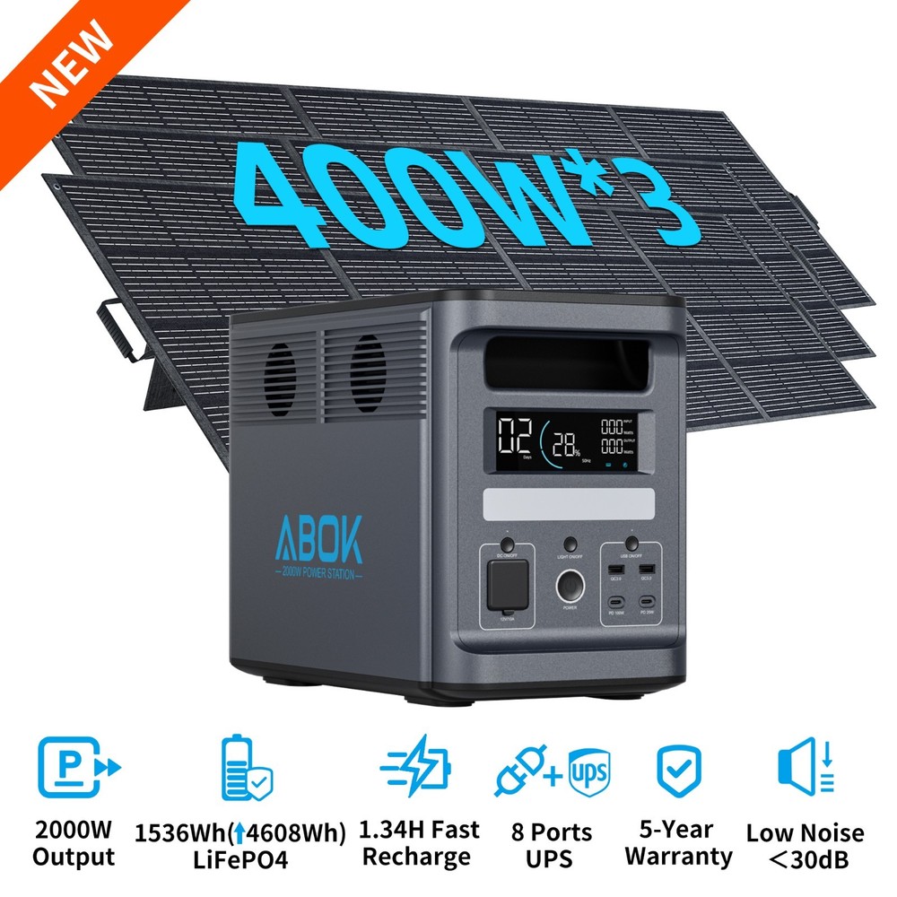 ABOK Ark2000 2000W Power Station with 3x400W Solar Panel, Solar Generator LFP