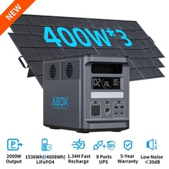 ABOK Ark2000 2000W Power Station with 3x400W Solar Panel, Solar Generator LFP